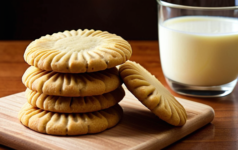 Butter Cookies**
Prompt: Golden butter cookies on a wooden board, close-up, soft focus, warm lighting, a glass of milk in background, suggesting comfort and homemade goodness. Keywords: *biscoitos amanteigados, manteiga, cookies, homemade, comforting, baking*.
**