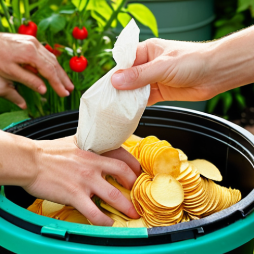 Home 7 **
Close-up shot of hands placing a compostable potato chip bag (made from cornstarch or mushrooms) into a home compost bin in a sunny garden setting. The compost bin is surrounded by lush plants. Focus on the texture of the compostable bag and the vibrant colors of the garden. Include some scattered vegetable scraps to enhance the compost feel. The scene should convey ease and environmental responsibility.
**