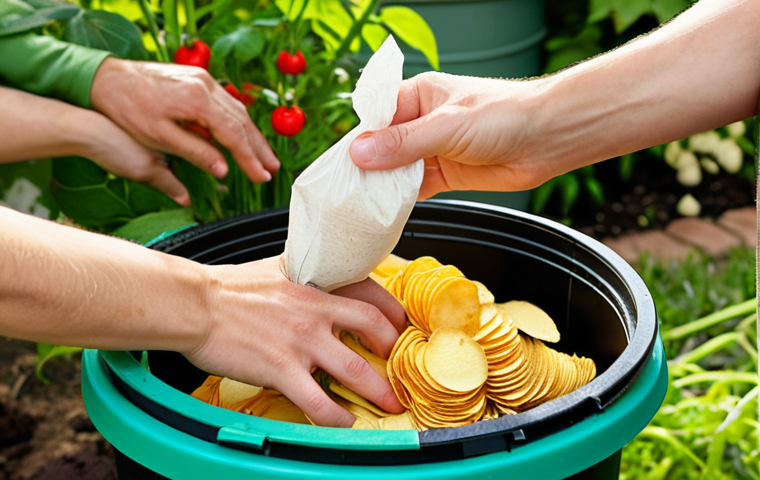**
Close-up shot of hands placing a compostable potato chip bag (made from cornstarch or mushrooms) into a home compost bin in a sunny garden setting. The compost bin is surrounded by lush plants. Focus on the texture of the compostable bag and the vibrant colors of the garden. Include some scattered vegetable scraps to enhance the compost feel. The scene should convey ease and environmental responsibility.
**
