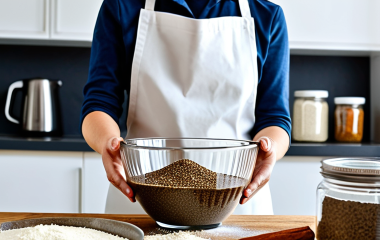 **

"A baker, fully clothed in professional attire, adding almond flour to a mixing bowl while preparing a cake in a bright, modern kitchen. Jars of chia seeds and cinnamon sticks are visible in the background. Safe for work, appropriate content, modest clothing, perfect anatomy, correct proportions, well-formed hands, proper finger count, natural body proportions, professional photography, high quality, family-friendly."

**