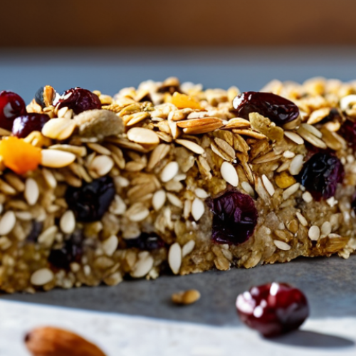 Home 19 Close-up of a Healthy Energy Bar**
A visually appealing energy bar packed with natural ingredients. Prominent display of visible oats, dried fruits (like cranberries and dates), and seeds (chia, flax). The bar is partially broken to showcase the texture inside. Background slightly blurred with a natural light setting. Focus on healthy food, wholesome ingredients, and natural presentation. Keywords: healthy snack, energy bar, natural food, close-up, food photography, safe for work, appropriate content.
**