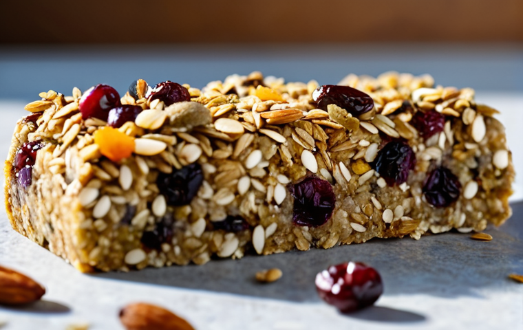 Close-up of a Healthy Energy Bar**

A visually appealing energy bar packed with natural ingredients. Prominent display of visible oats, dried fruits (like cranberries and dates), and seeds (chia, flax). The bar is partially broken to showcase the texture inside. Background slightly blurred with a natural light setting. Focus on healthy food, wholesome ingredients, and natural presentation.  Keywords: healthy snack, energy bar, natural food, close-up, food photography, safe for work, appropriate content.

**