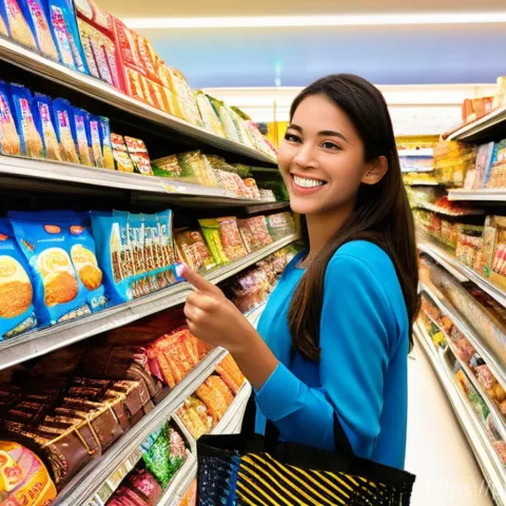 수입 과자 제품 가격 비교 - **Prompt:** A young, fashionably dressed woman in her early twenties, with a warm smile, enthusiasti...