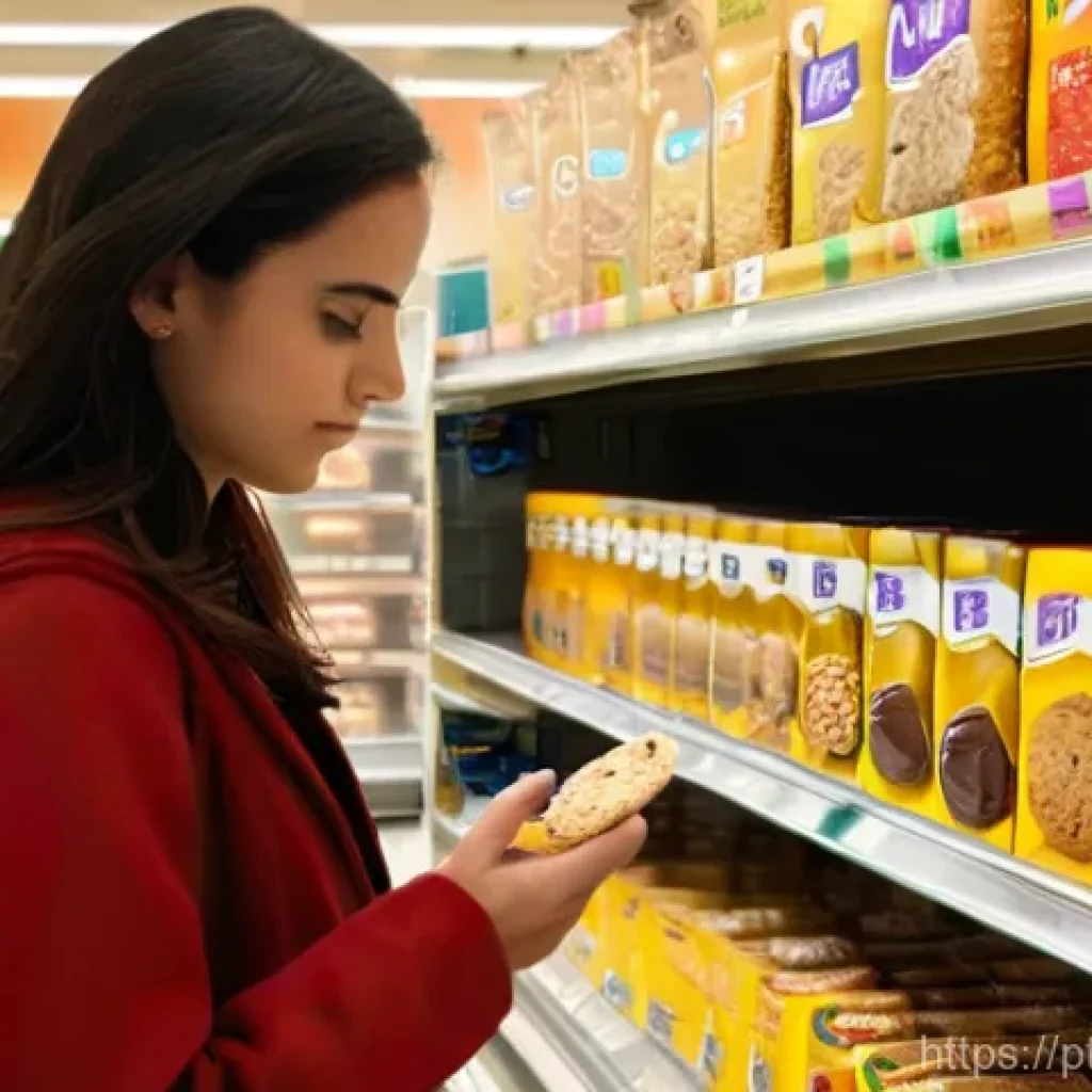 포장된 제과 제품 영양소 - **Prompt:** A focused young Portuguese woman, approximately 28 years old, with dark hair, stands in ...