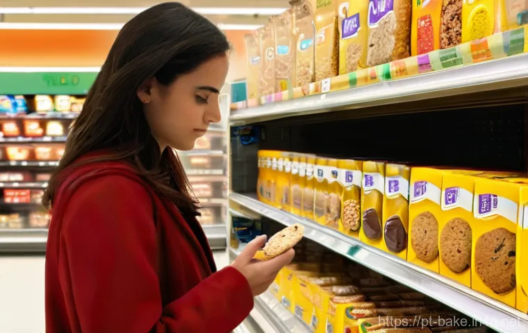 포장된 제과 제품 영양소 - **Prompt:** A focused young Portuguese woman, approximately 28 years old, with dark hair, stands in ...