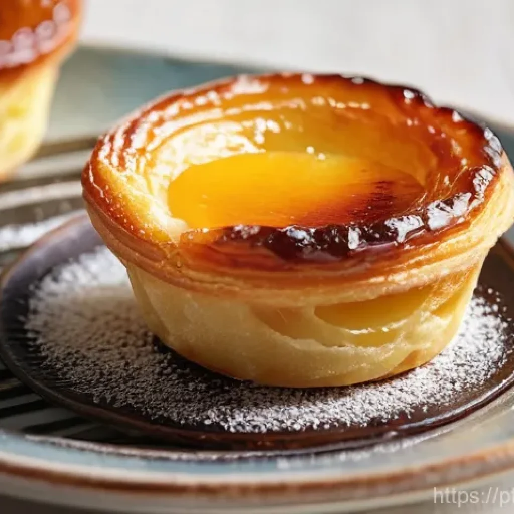국내 유명 제과 브랜드 - **Pastel de Nata Perfection:** A close-up, high-resolution photograph of a single, freshly baked Pas...