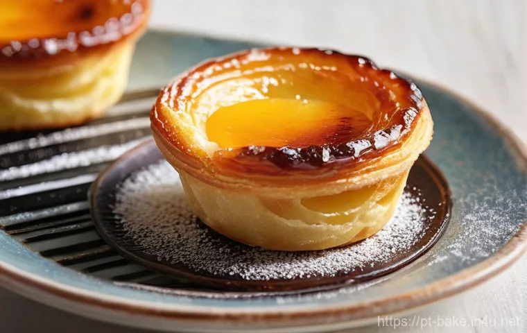 국내 유명 제과 브랜드 - **Pastel de Nata Perfection:** A close-up, high-resolution photograph of a single, freshly baked Pas...