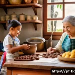 전통 과자와 현대 과자 비교 - A warm, nostalgic kitchen scene showcasing a grandmother and her grandchild making traditional Brazi...