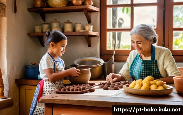 전통 과자와 현대 과자 비교 - A warm, nostalgic kitchen scene showcasing a grandmother and her grandchild making traditional Brazi...