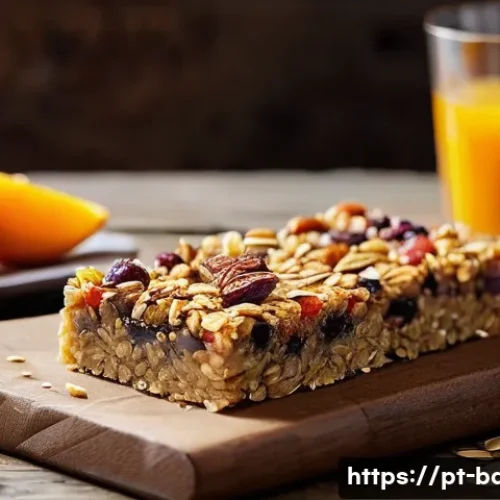 Home 33 에너지 보충 제과 제품 - A vibrant and detailed close-up of a natural functional energy sweet bar on a rustic wooden table, f...