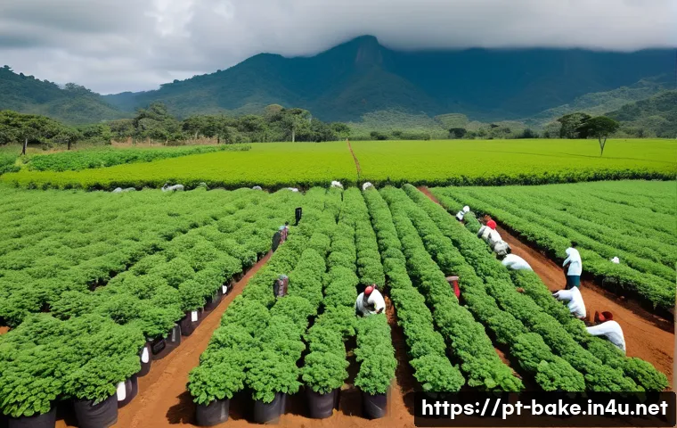 과자 원료 공급업체 - A detailed, vibrant scene of an organic farm in Minas Gerais, Brazil, showing workers carefully harv...