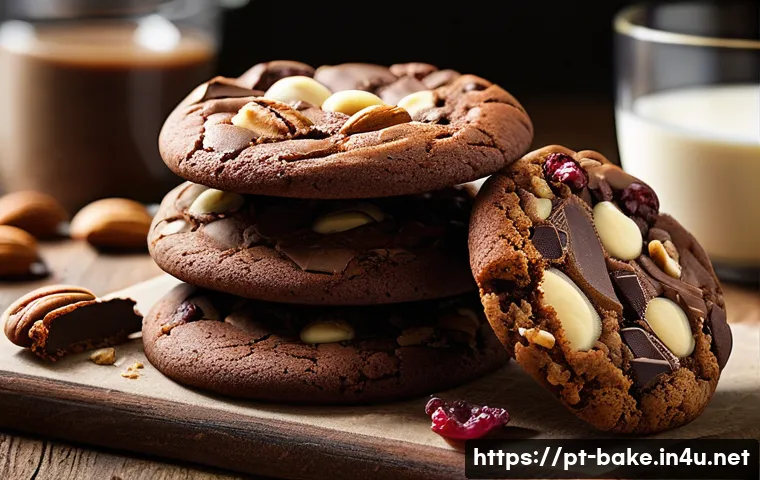 초콜릿 과자 비교 - A close-up, high-resolution image of assorted chocolate cookies displayed on a rustic wooden table, ...