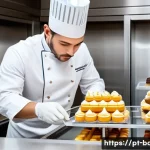 고급 제과 제품 품질 보증 - A luxurious pastry kitchen scene showcasing a professional pastry chef carefully selecting premium i...