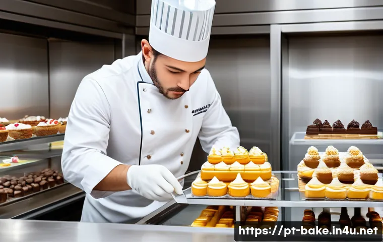 고급 제과 제품 품질 보증 - A luxurious pastry kitchen scene showcasing a professional pastry chef carefully selecting premium i...