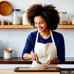 다이어트 과자 제품 - A bright, modern kitchen scene featuring a young woman preparing healthy homemade protein bars with ...
