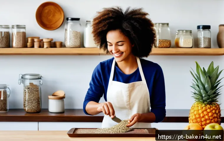다이어트 과자 제품 - A bright, modern kitchen scene featuring a young woman preparing healthy homemade protein bars with ...