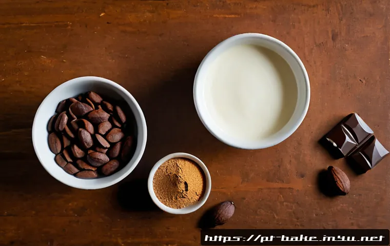 Home 17 초콜릿 원료 비교 - Photorealistic overhead comparison of chocolate ingredients on a warm rustic wooden table: raw cacao...