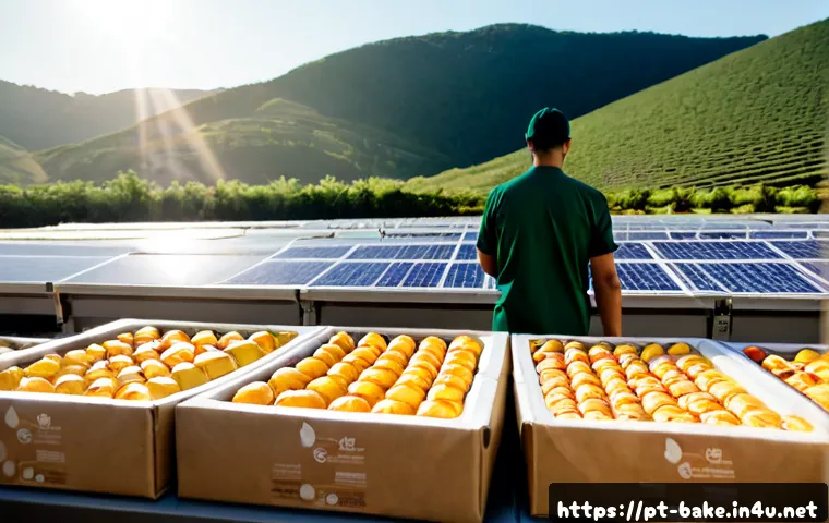 Home 17 과자 브랜드 친환경 정책 - Photorealistic sustainable snack production scene in a modern Portuguese factory, a worker in clean ...