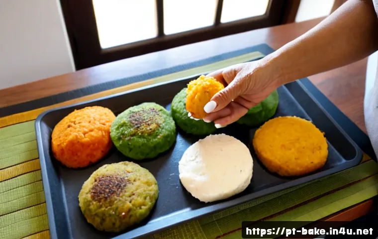 Home 17 과자 레시피의 혁신적인 변화 - Photorealistic modern Brazilian home kitchen, overhead three-quarter view of innovative baked cassav...